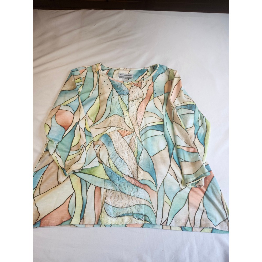 Alfred Dunner Petite PM Abstract Stained Glass Print Lace Rhinestone Top Blue